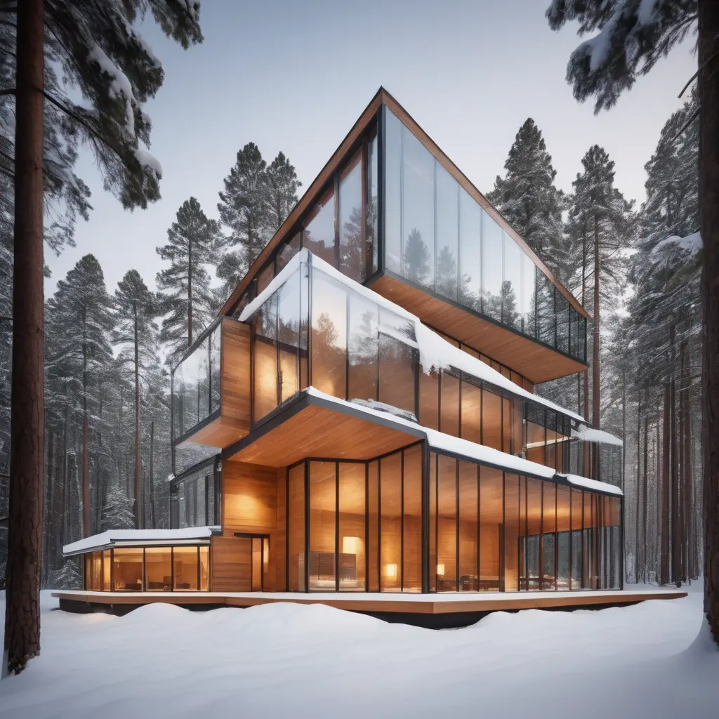 Futuristic glass building with wood accents during winter