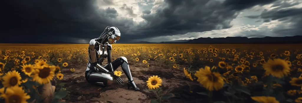 robot among sunflowers