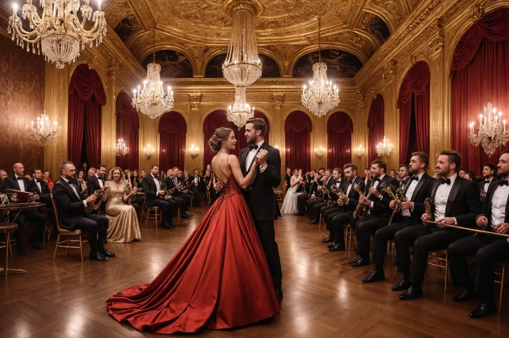 Woman wearing an elegant red dress, ballroom setting, 1