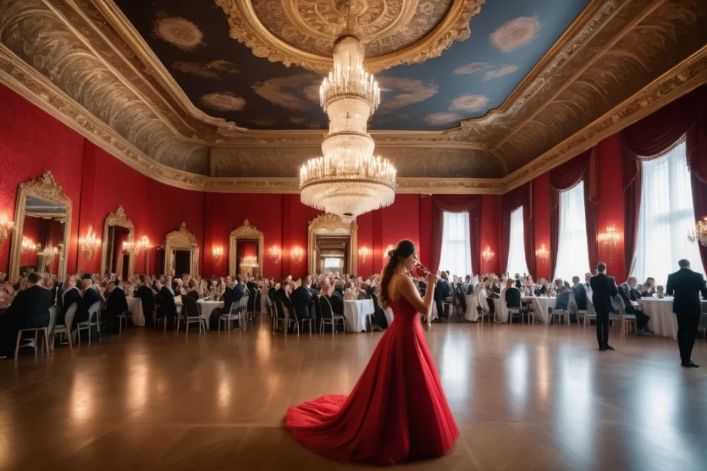 Woman wearing an elegant red dress, ballroom setting, 2