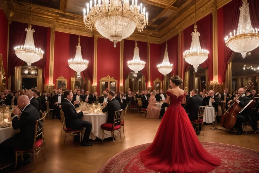 Woman wearing an elegant red dress, ballroom setting, 4