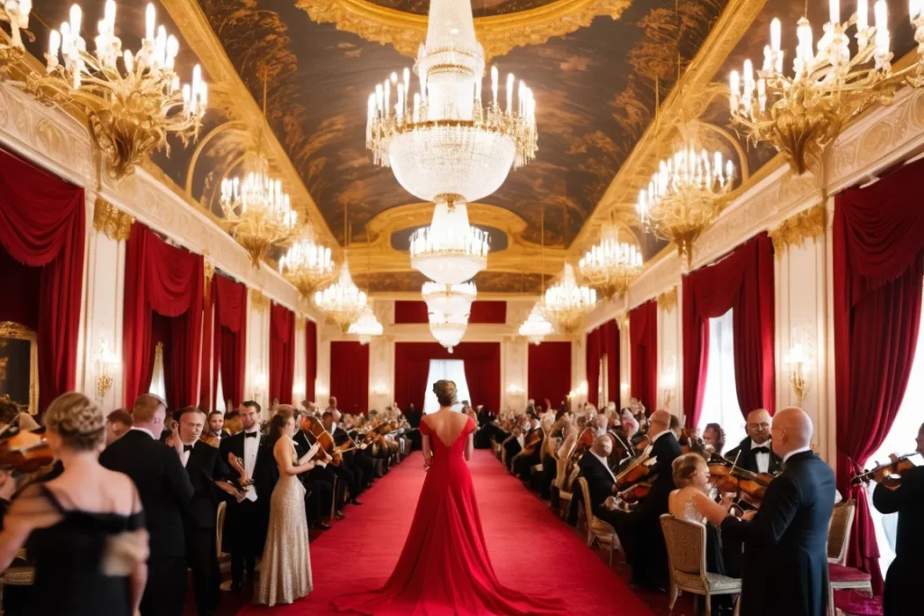 Woman wearing an elegant red dress, ballroom setting, 4