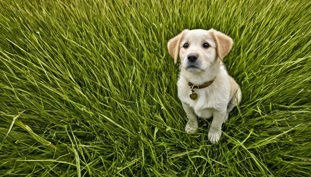 High Angle Shot of puppy in grass