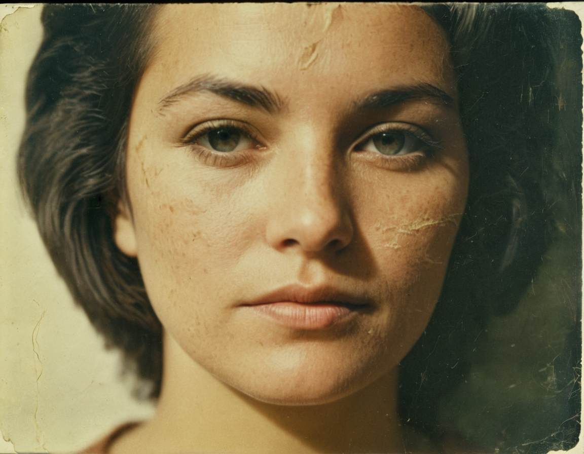 Damaged, scratched analog photo of woman