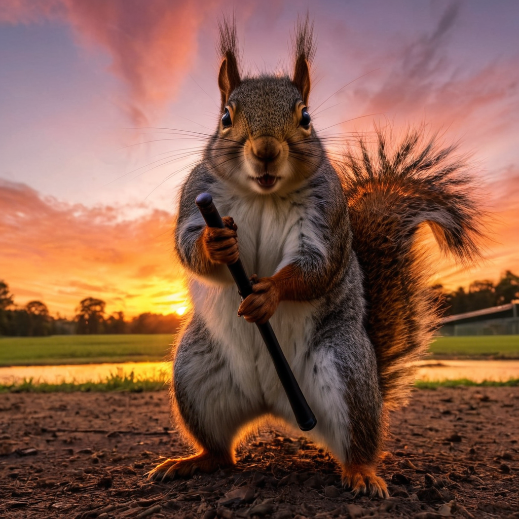 With baseball bat, an angry squirrel confronts the sunset