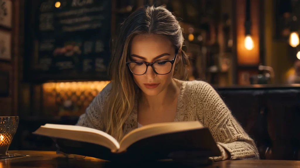 A beautiful woman, wearing glasses, reading a book
