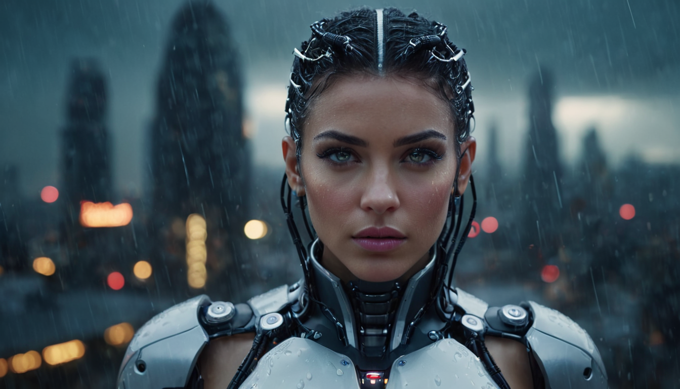 Female cyborg with beautiful eyes, rainy evening