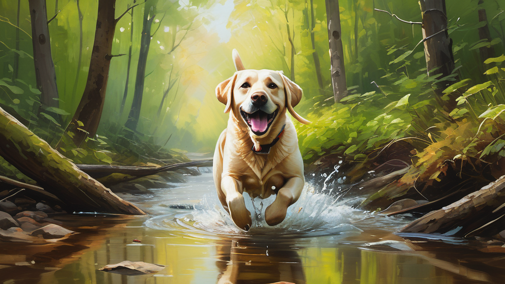 Oil painting of a joyful Labrador Retriever running in a forest stream