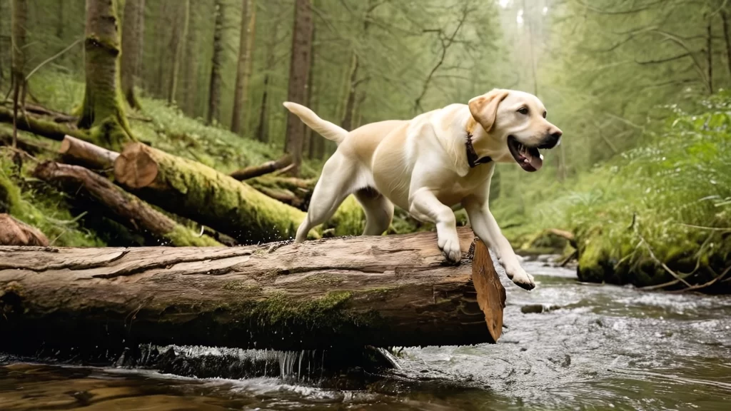 Joyful Labrador Retriever leaping over a log in forest stream