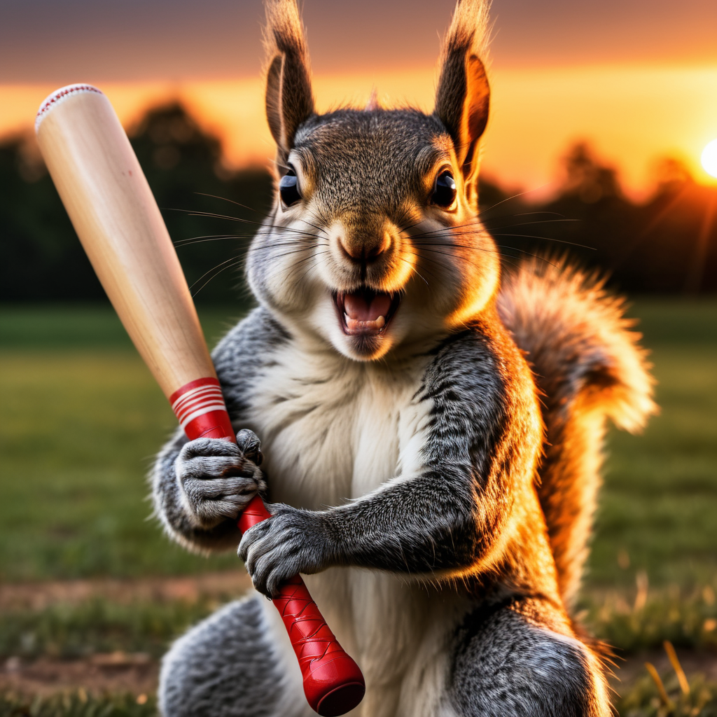 Squirrel holding a baseball bat