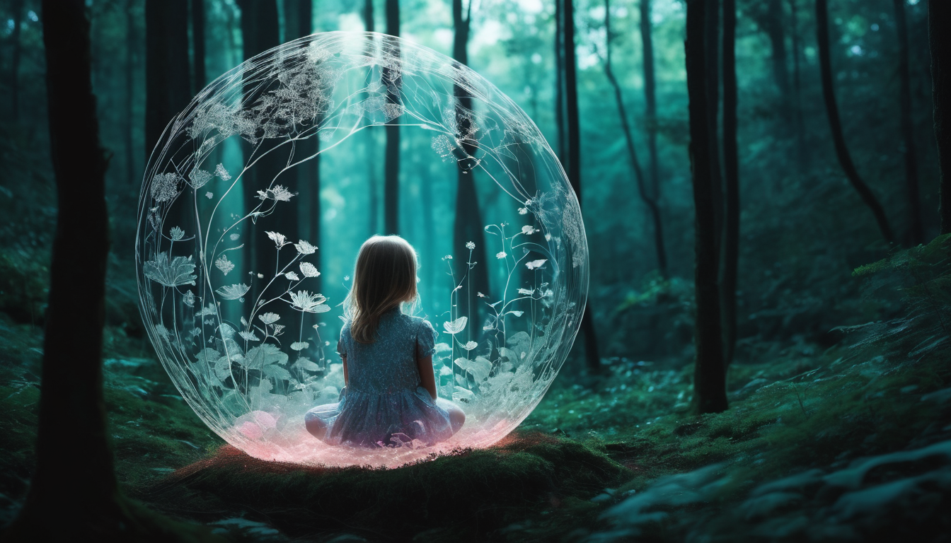 Girl in a bubble in forest