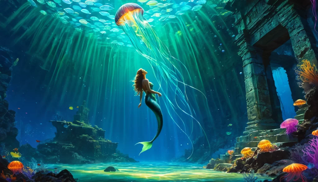 Mermaid, underwater digital painting, soft glow, ancient ruins, jellyfish