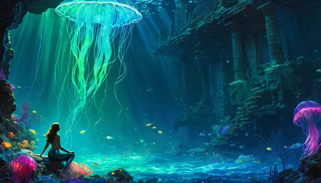 Mermaid sitting, underwater digital painting, soft glow, ancient ruins, jellyfish