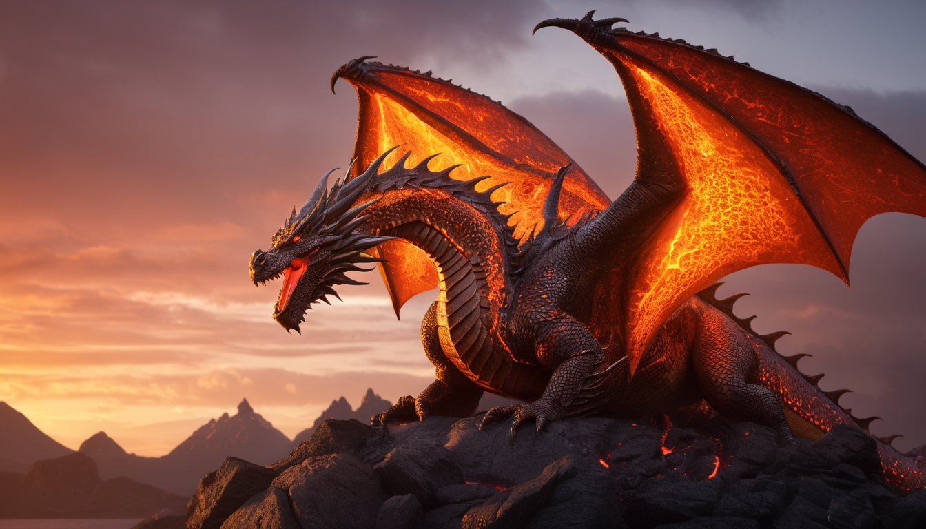Mighty dragon fantasy illustration sunset