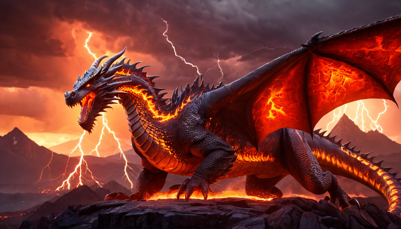 Mighty dragon fantasy illustration, sunset, thunder