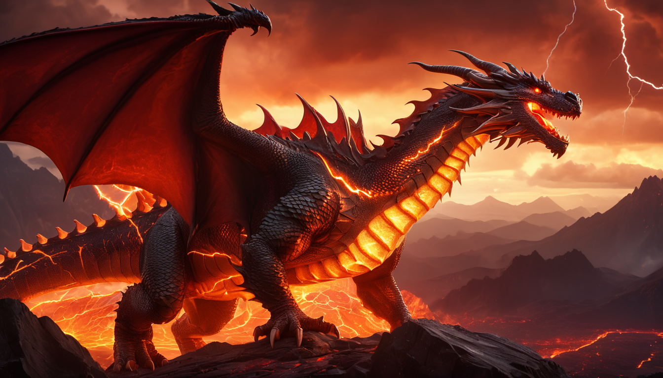 Mighty dragon fantasy illustration, sunset, thunder, molten lava