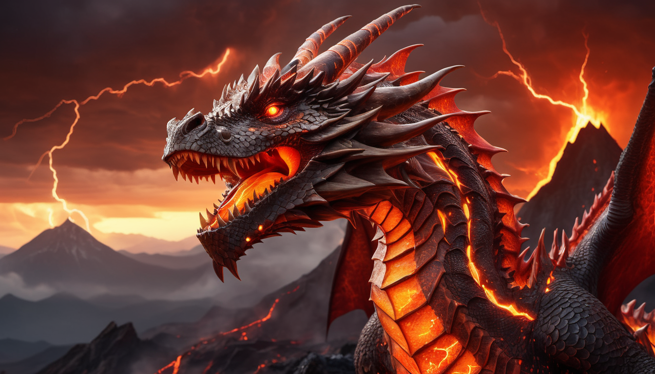 Mighty dragon fantasy illustration, sunset, thunder, molten lava, close-up