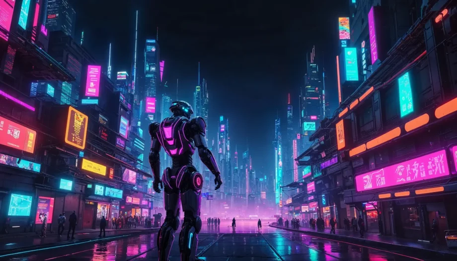 Robot standing in a futuristic cityscape