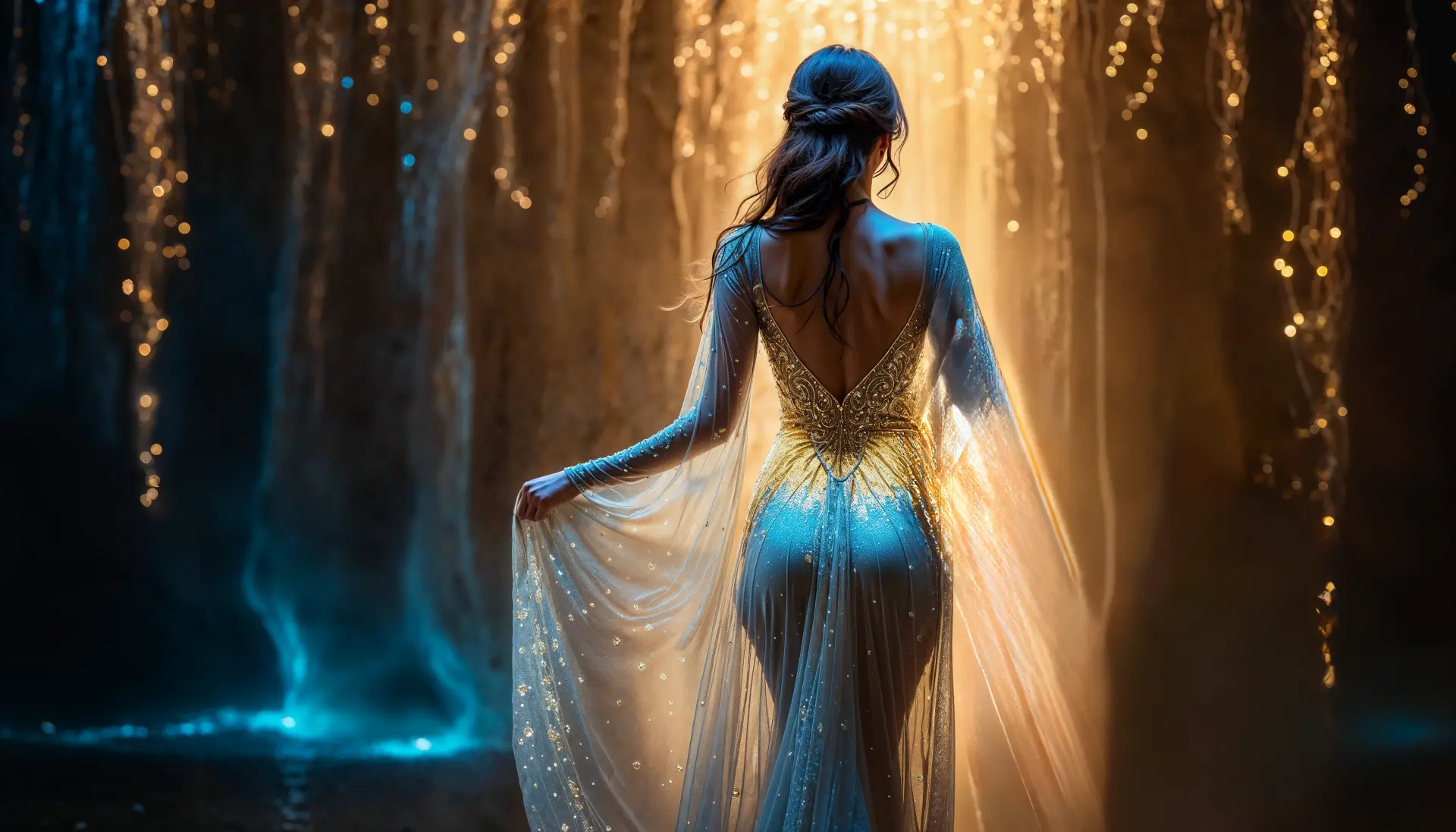 Surreal image of a woman among lights