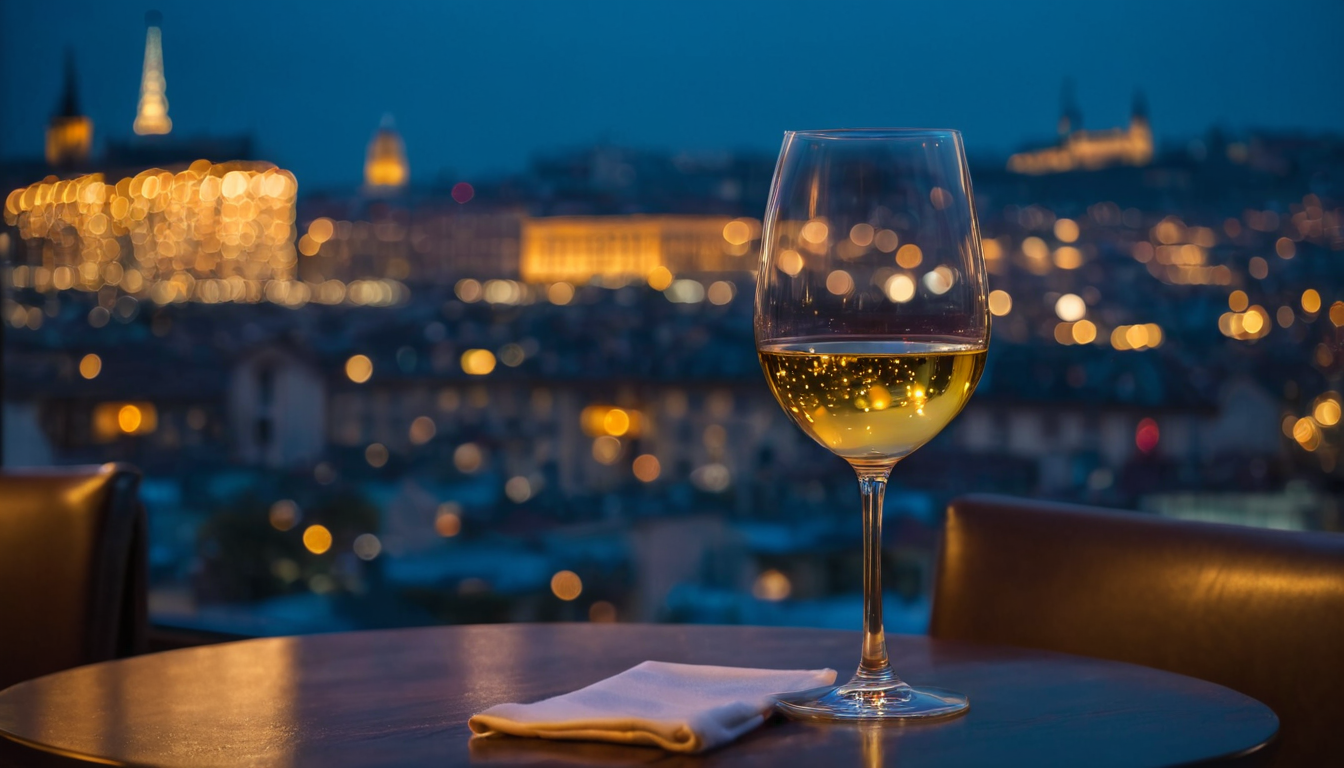 A glass of wine on a table in a dimly lit restaurant