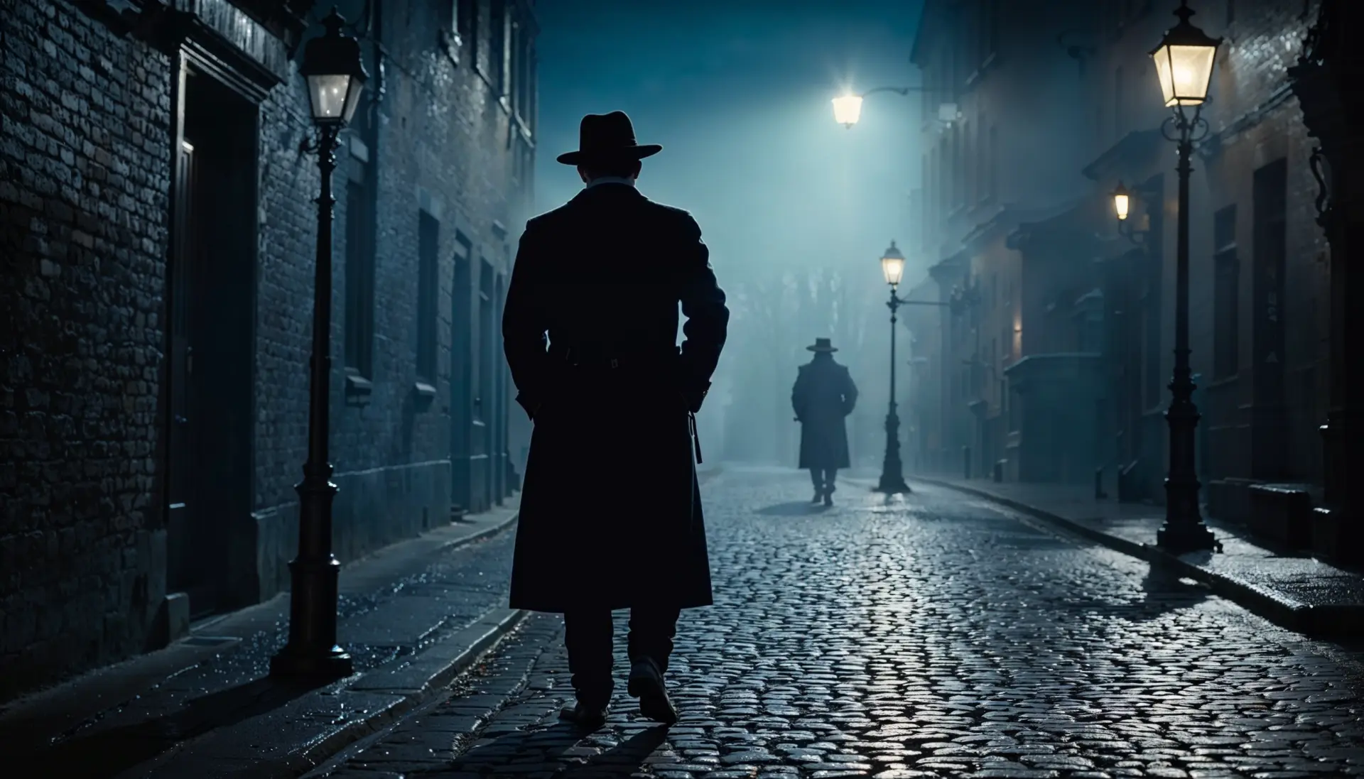 A man walking in a dimly lit cobblestone alley