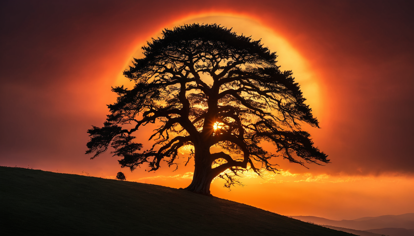 A tree standing on a misty, foggy hilltop, silhouetted against the orange sunset