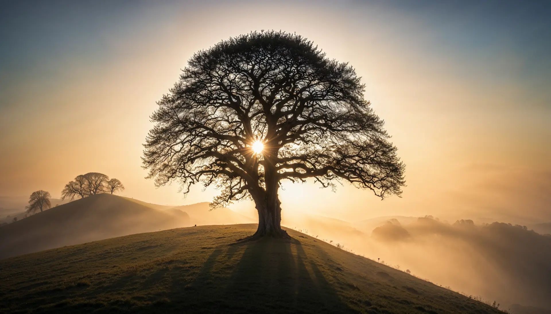 A tree standing on a misty, foggy hilltop, silhouetted against the sun