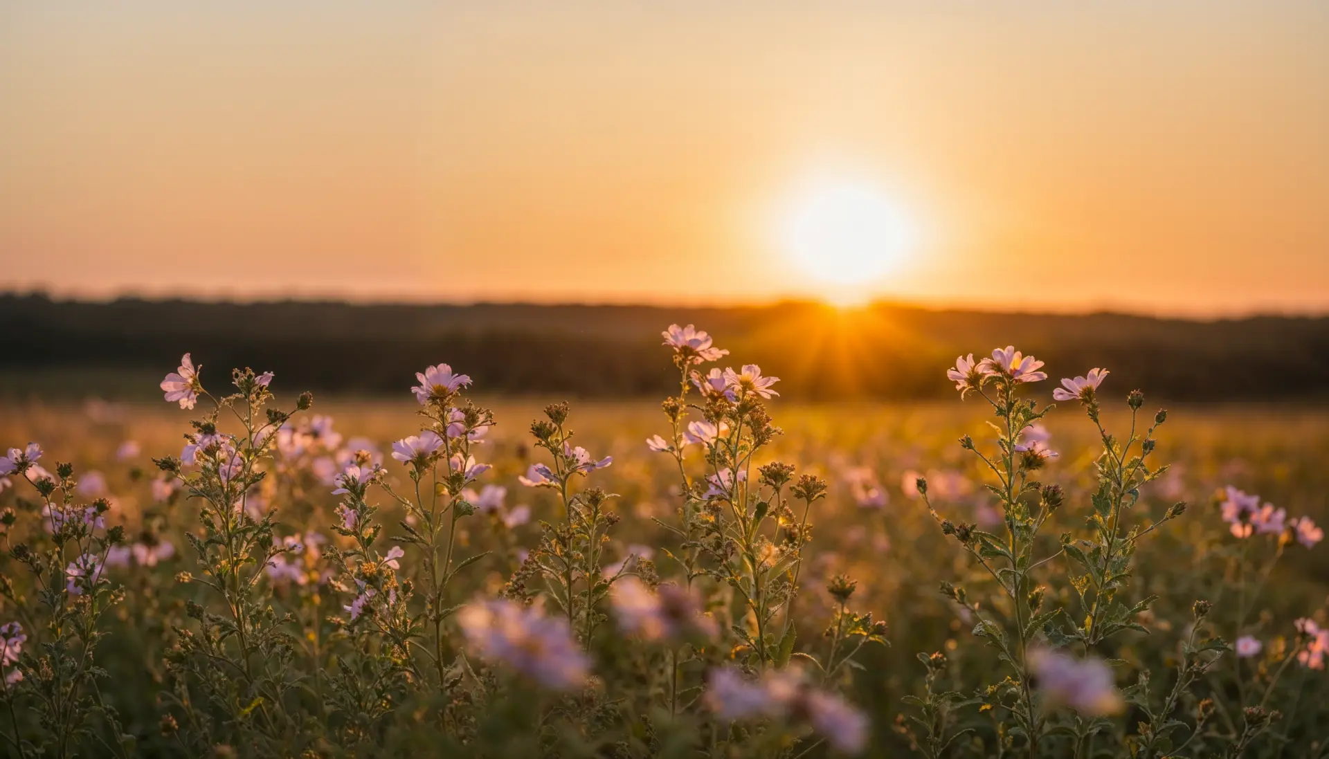 A field of wildflowers at sunset