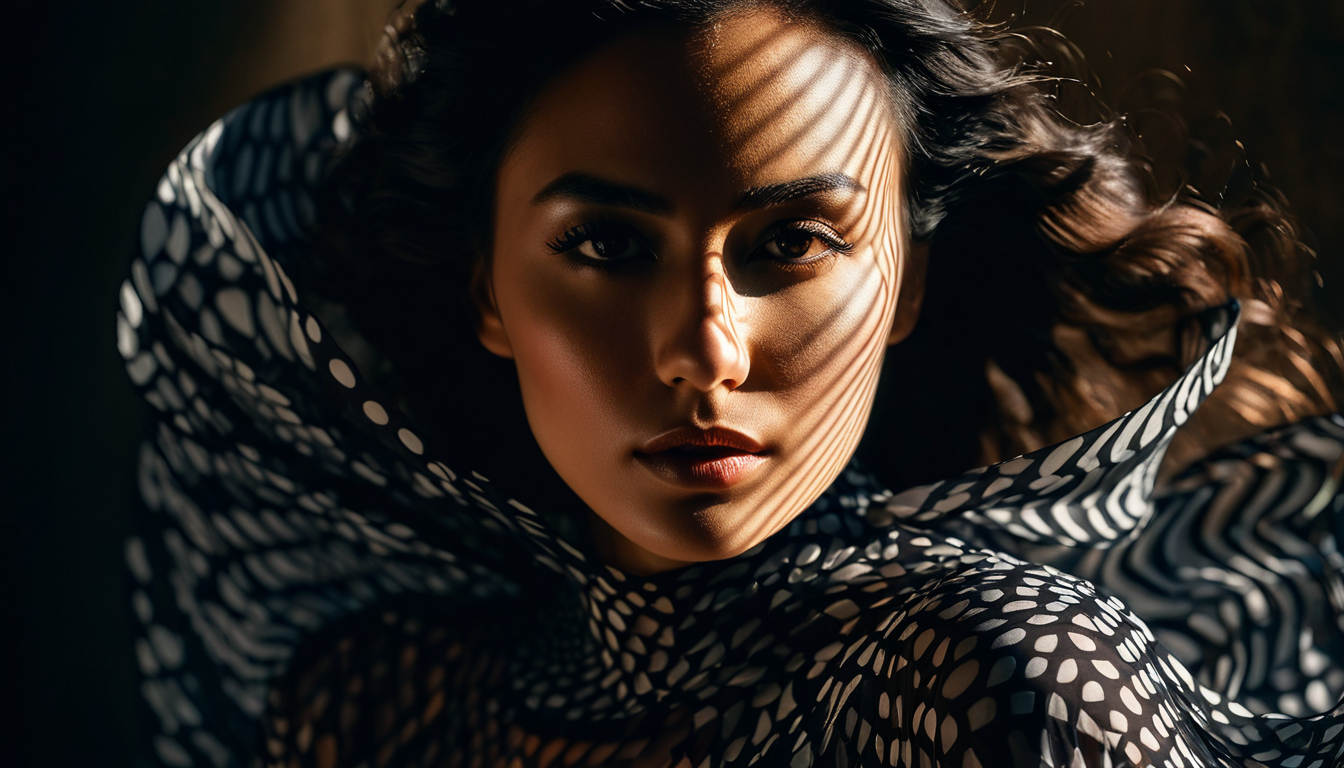 Photograph of a woman with dramatic shadows cast across her face