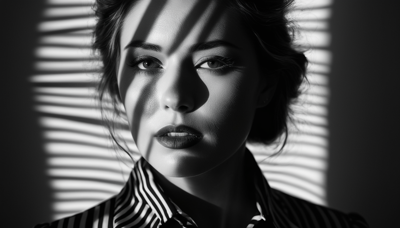 Black and white photograph of a woman with dramatic striped shadows cast across her face