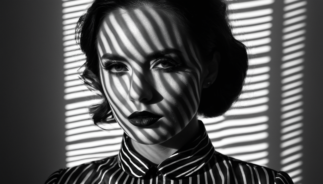 Black and white photograph of a woman with dramatic striped shadows cast across her face