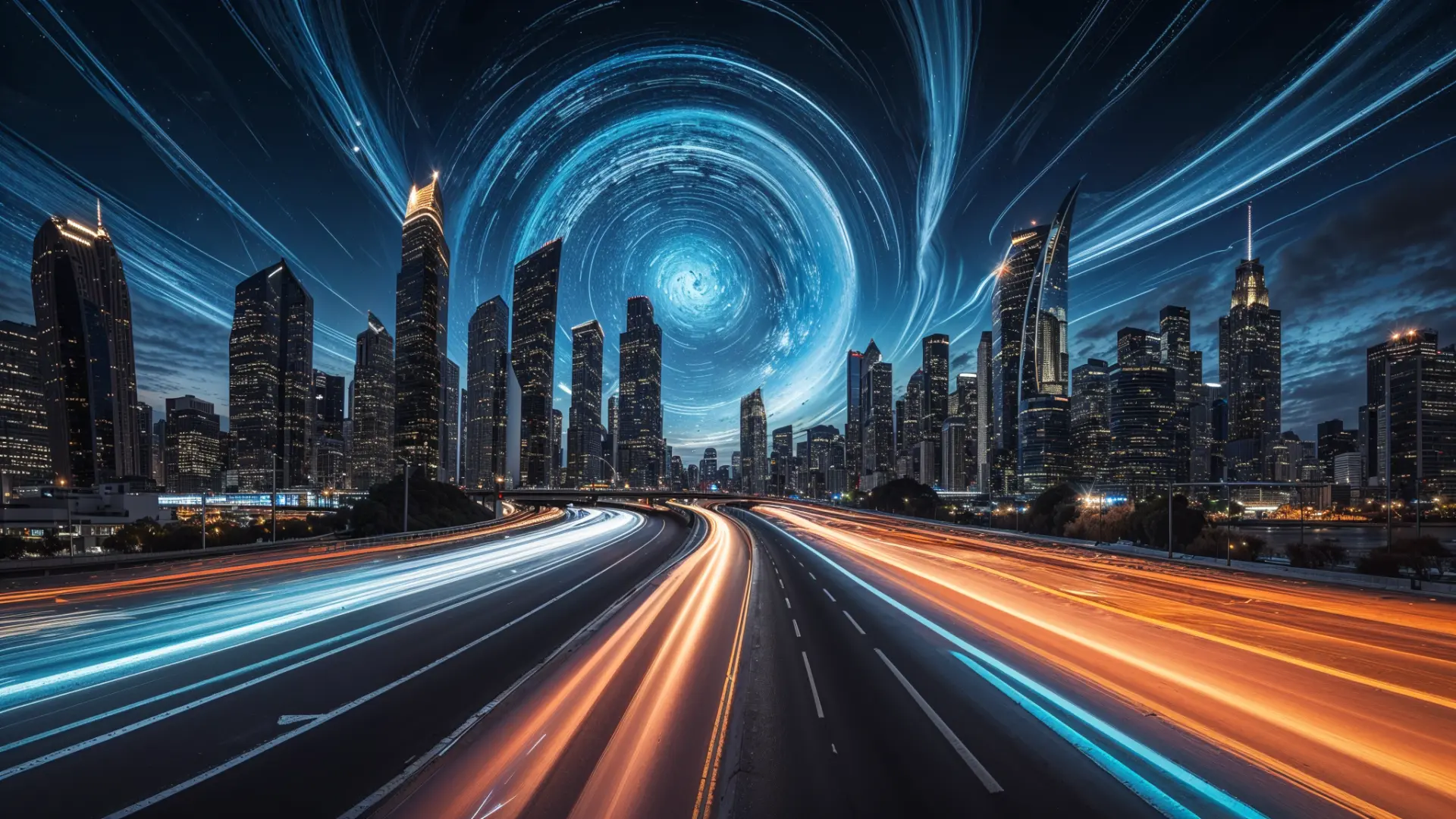 A futuristic cityscape with light trails