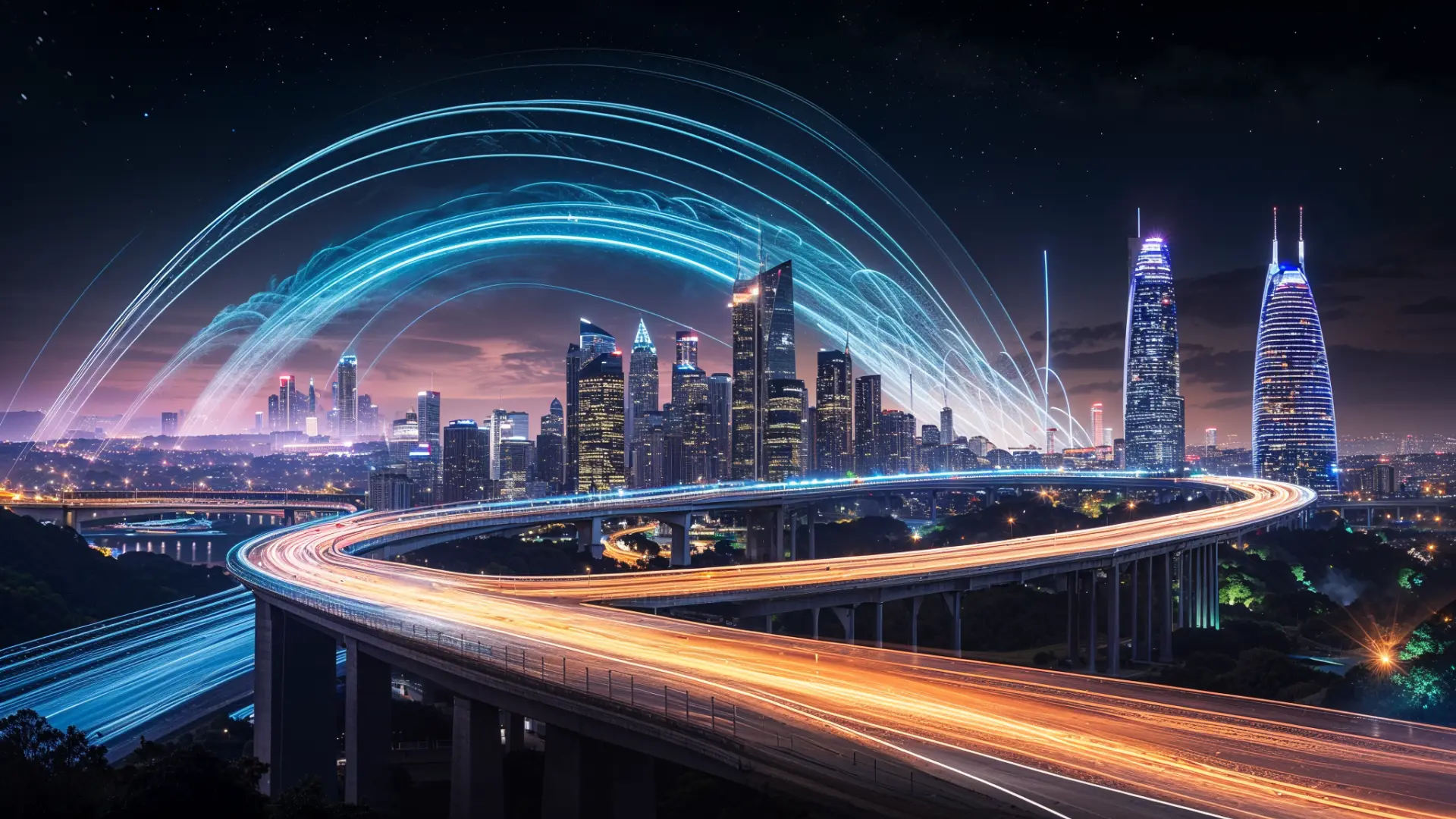 A futuristic cityscape with light trails
