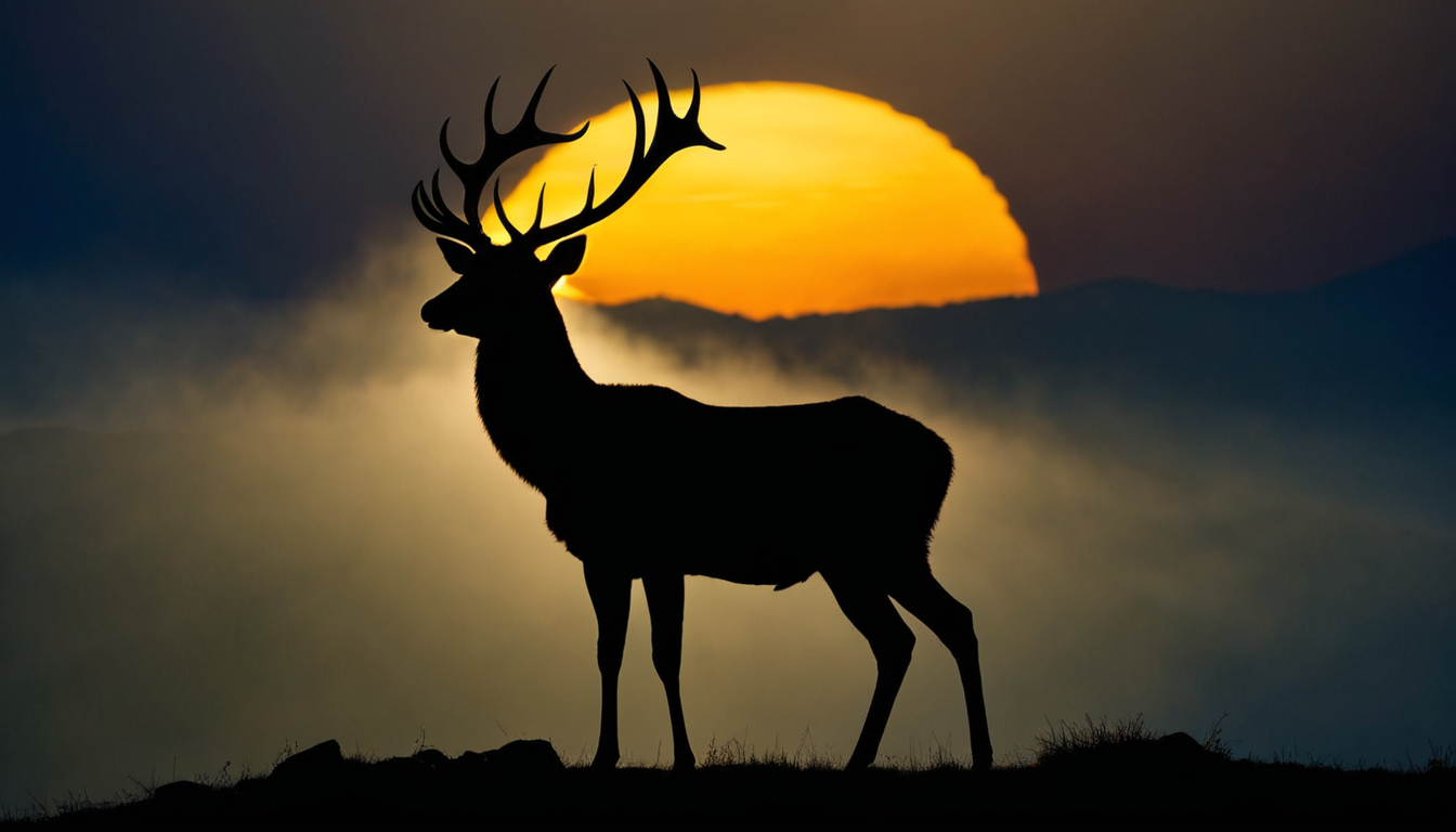 Deer standing on a misty mountaintop at sunrise