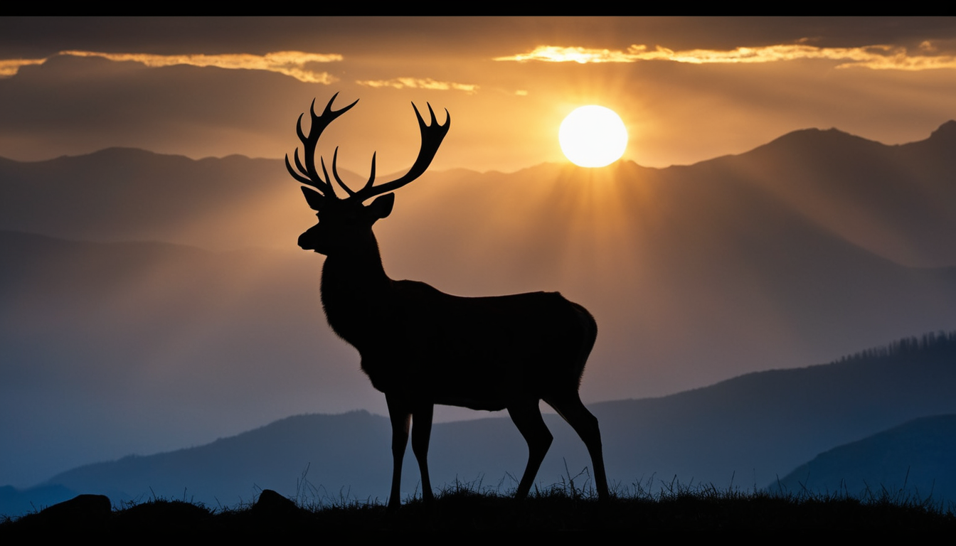 Deer standing on a misty mountaintop at sunrise