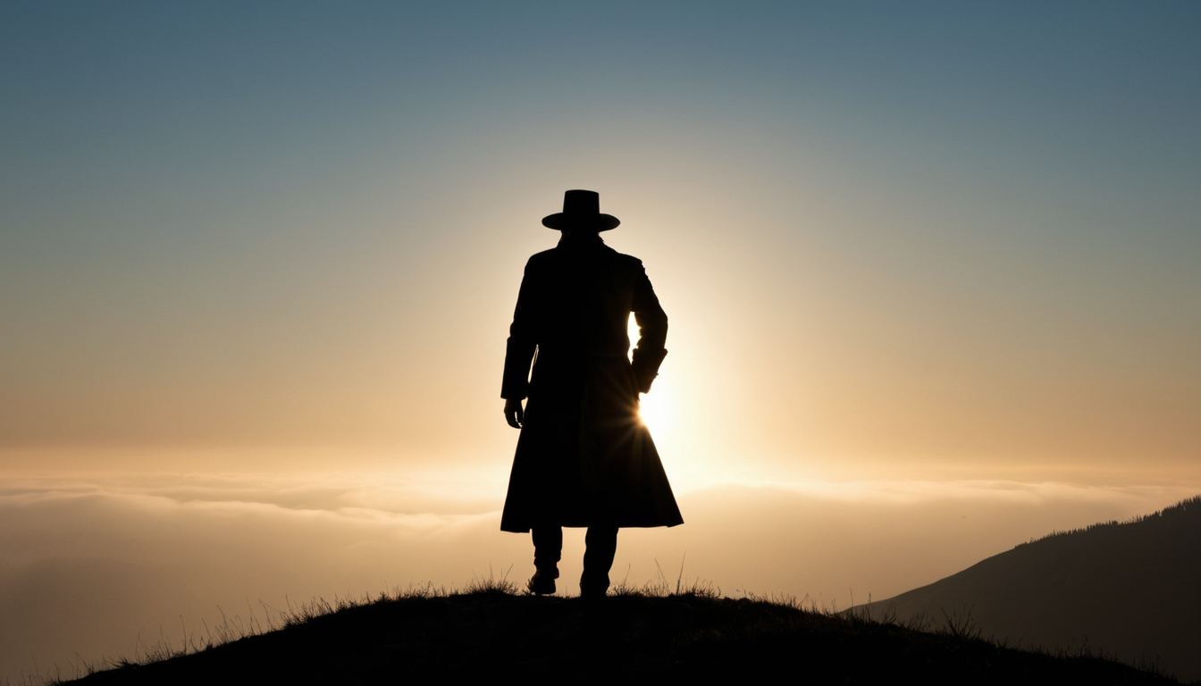 Silhouette of a man standing on a misty mountaintop at sunrise