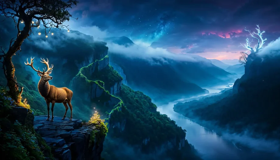 Image of a stag standing on the edge of a misty cliff
