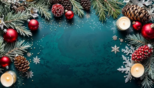 Festive moodboard with red, green, gold, ornaments, and snowflakes