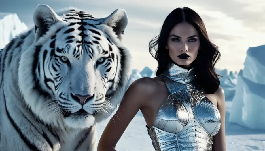 High-fashion model in metallic outfit with white tigers at the North Pole.