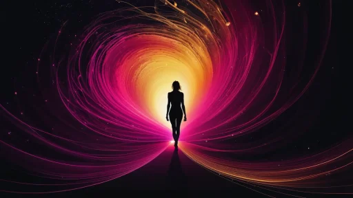 Female figure walking towards rainbow colored currents