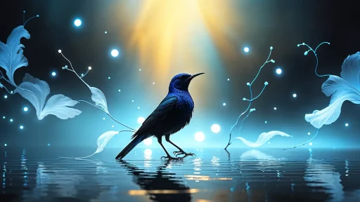 Elegant bird on reflective surface, glowing with mystery, surrounded by abstract blue light shapes.