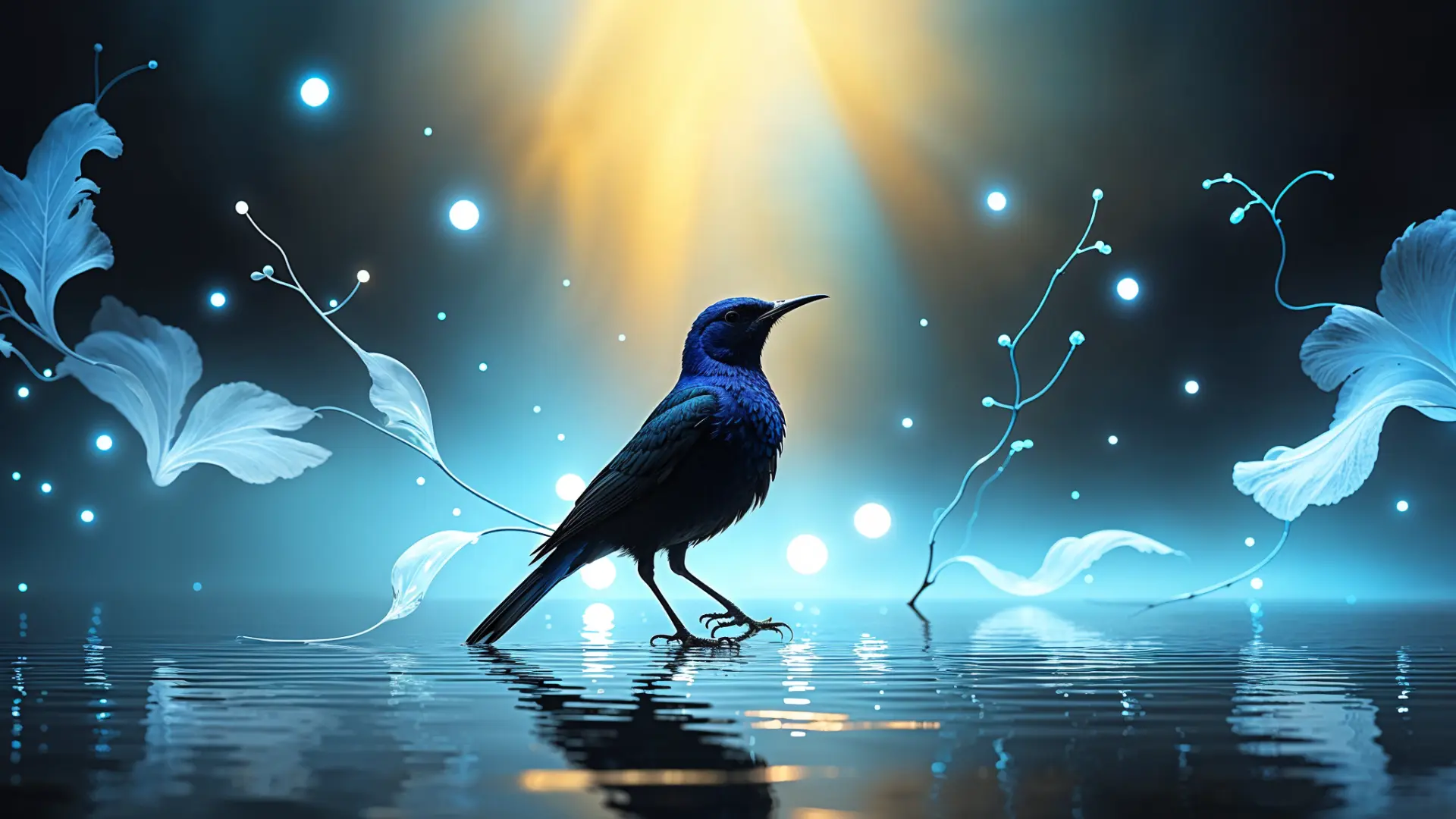 Elegant bird on reflective surface, glowing with mystery, surrounded by abstract blue light shapes.