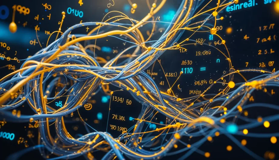 Abstract visualization of machine learning with holographic equations, floating symbols, swirling data streams, and glowing neural connections.