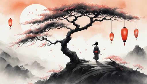 AI-generated dreamscape in Japanese sumi-e style with sakura and lanterns