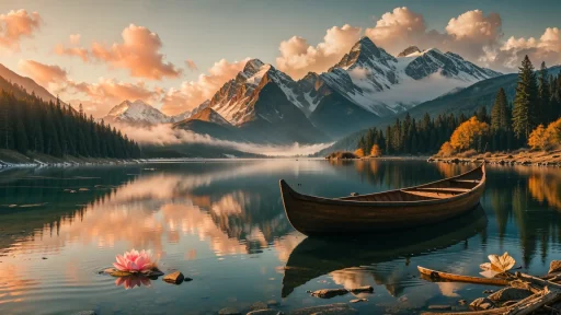 A weathered canoe on a lake, snow-capped mountains, and a drifting flower on the water.