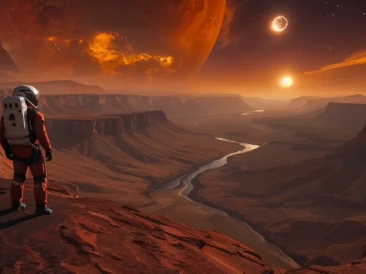 Astronaut overlooking Martian canyon