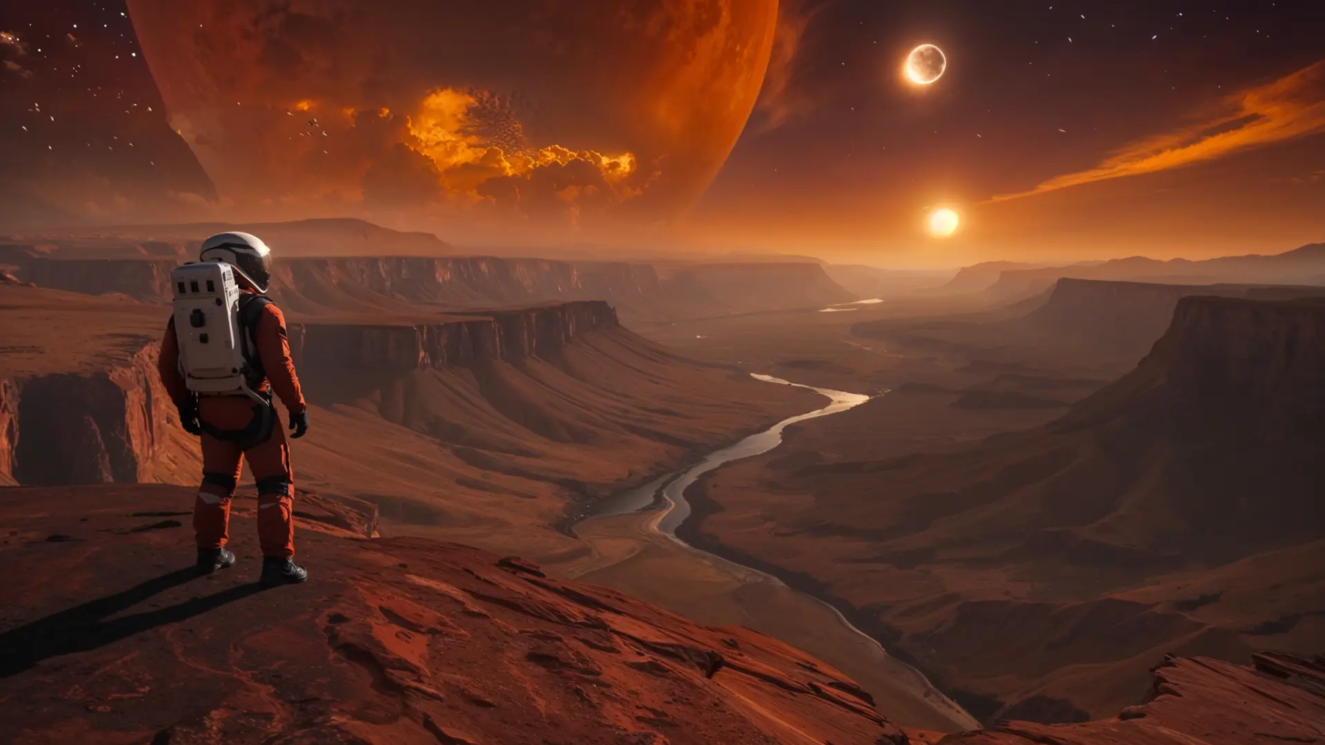 Astronaut overlooking Martian canyon