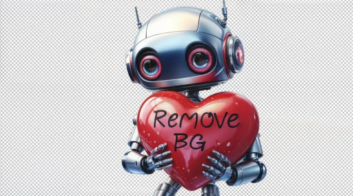 Cute robot holding a heart with the text "Remove BG").