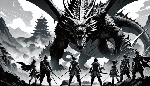 Fantasy manga adventurers vs dragon.