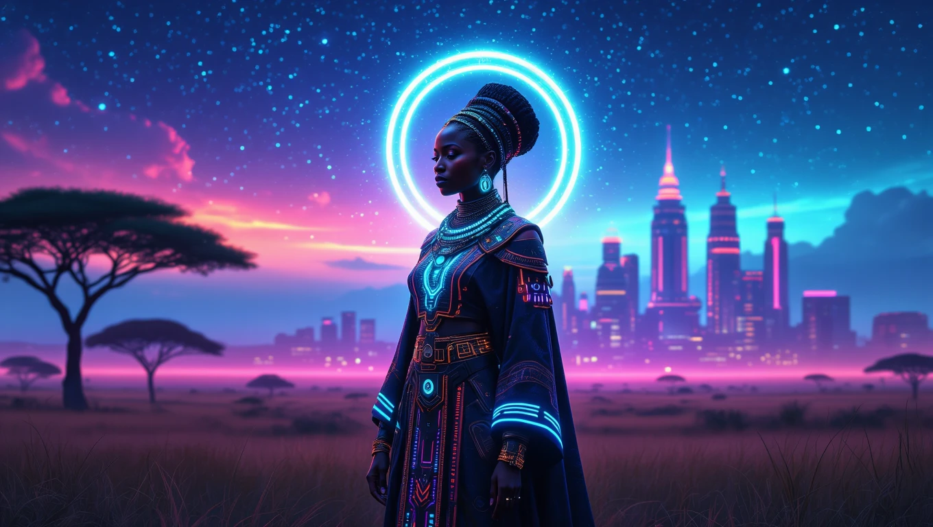 A priestess in nanotech robes standing in a starlit savanna. » Tengr.ai Blog A priestess in nanotech robes standing in a starlit savanna.